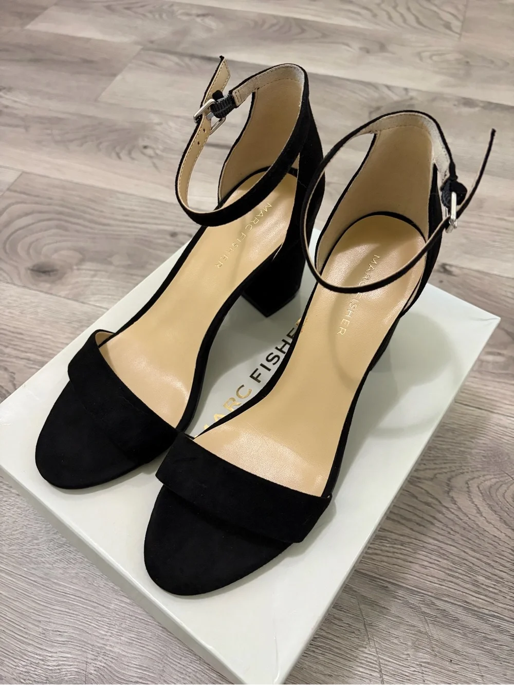 Marc Fisher Black Suede Ankle-Strap Block Heel Sandals